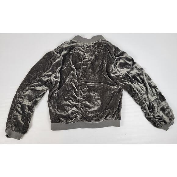 Free People Womens Small Velour Gray Jacket Ruched Velvet Bomber Shiny Retro - Picture 4 of 9